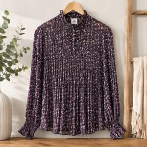 Cabi Knife Pleat Floral Blouse Purple Pink Black High Neck Long Sleeve Medium